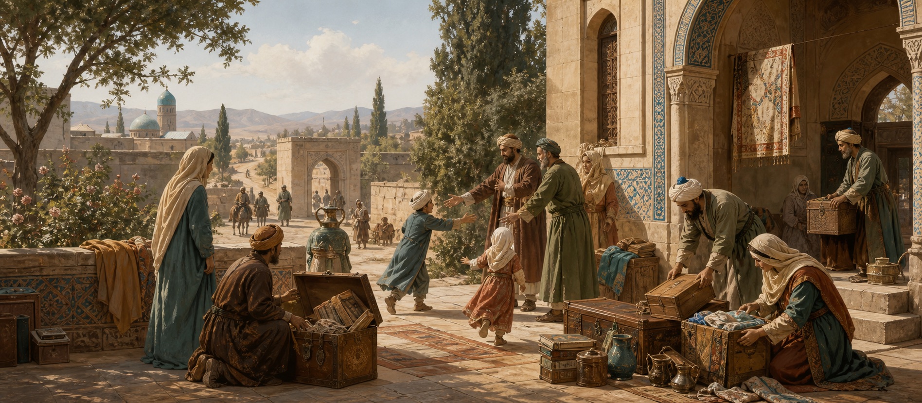 Interpretive scholarly household arriving in a Seljuk Konya courtyard