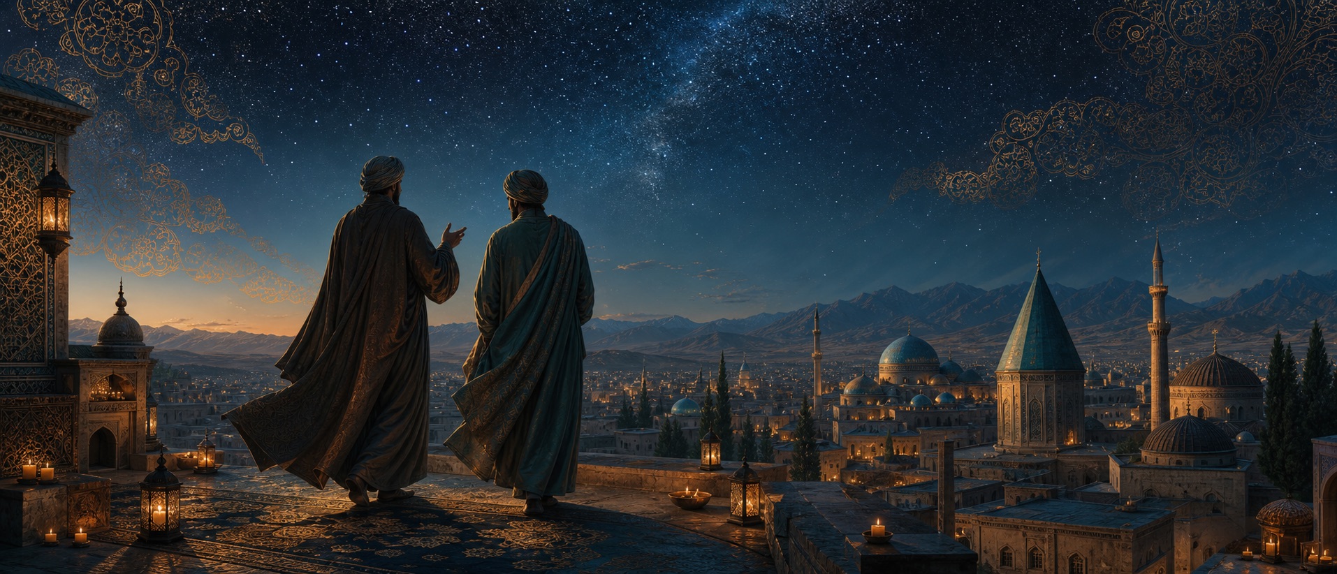 Two anonymous scholars walking above Konya beneath a starry sky