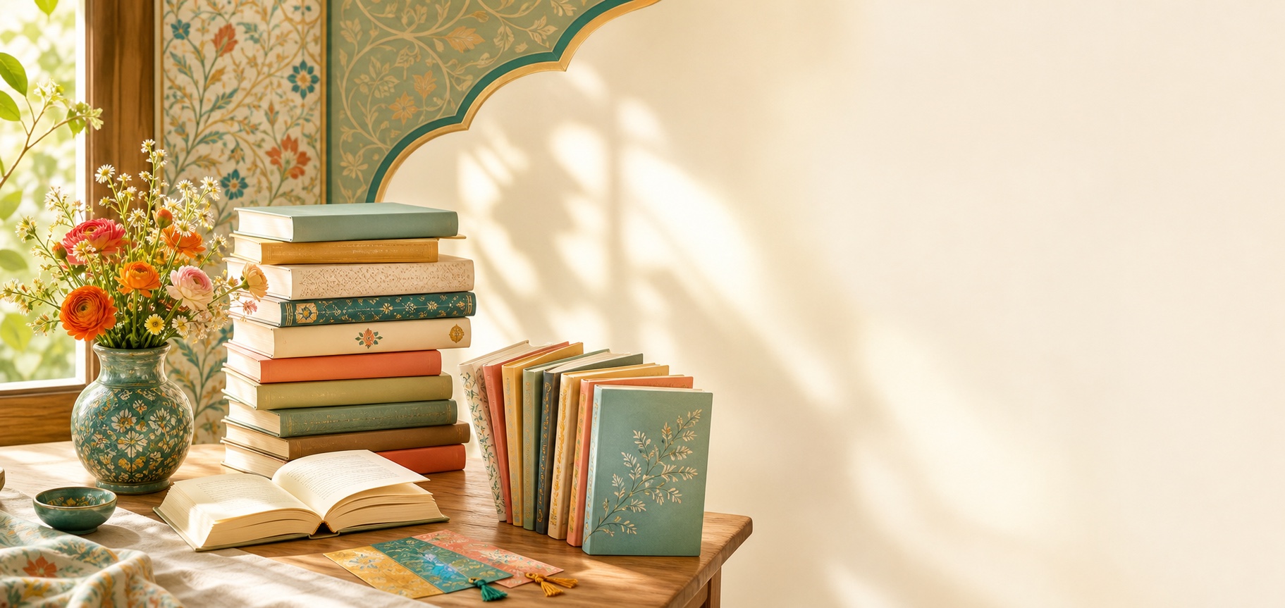 مجموعه‌ای شاد از کتاب‌ها در کنار نقش‌ونگار ایرانی برای فهرست ۱۰۱ کتاب الفبا