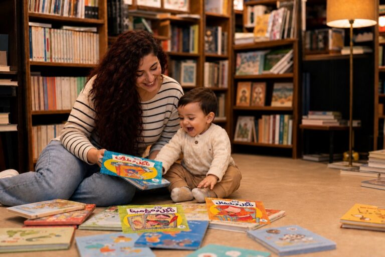 مادر و پسر خردسال در کتابفروشی هنگام تماشای کتاب‌های کودک فارسی