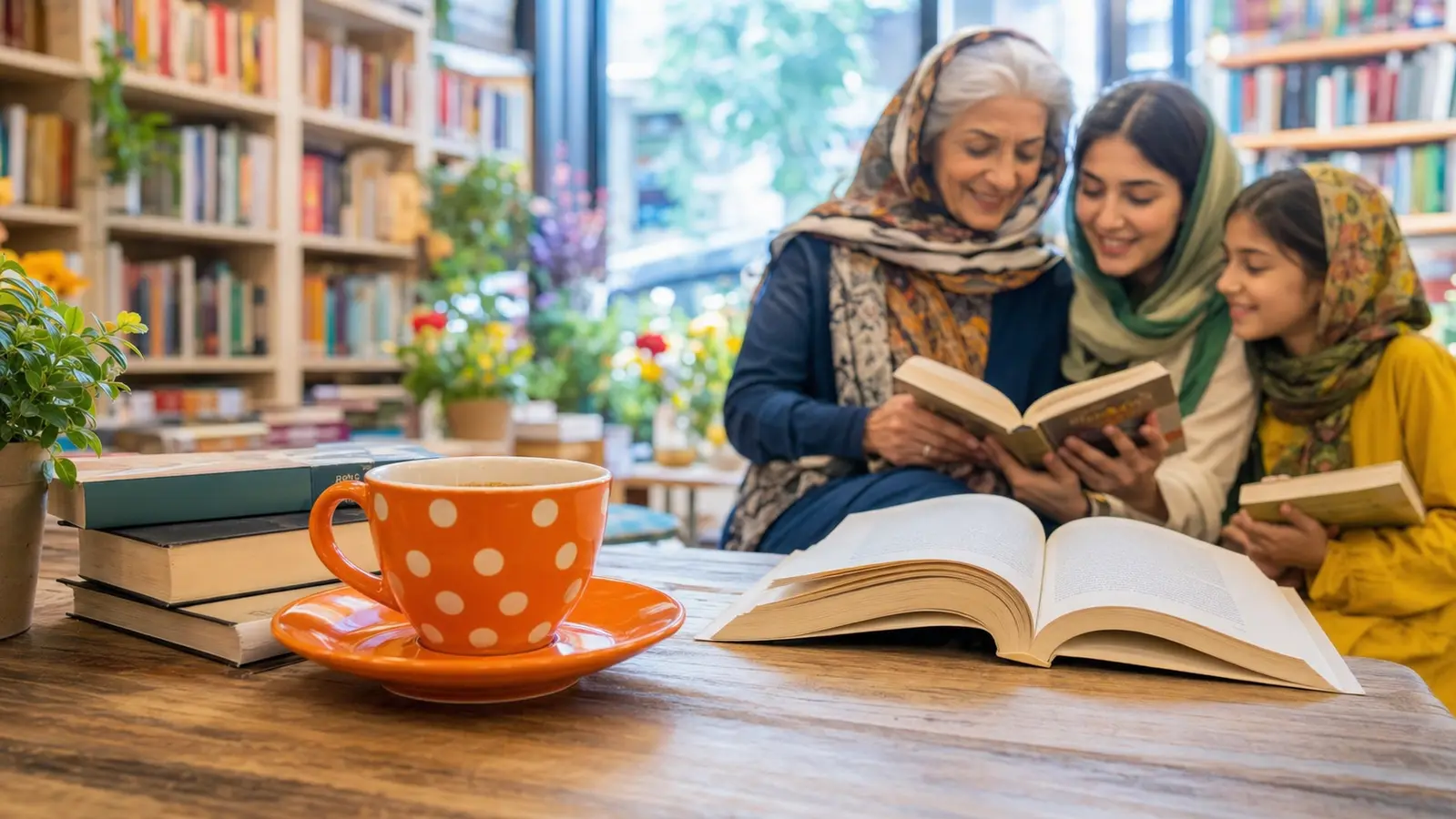 سه نسل از زنان در کتابفروشی کنار فنجان نارنجی، تصویرسازی موضوعی رمان فنجان مونس
