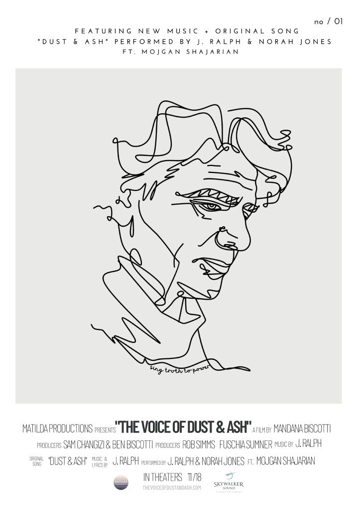 پوستر مستند The Voice of Dust & Ash با طراحی خطی چهرهٔ محمدرضا شجریان