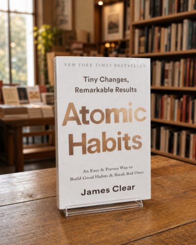 Atomic Habits by James Clear, English paperback, three-quarter bookshop view | عادت‌های اتمی انگلیسی