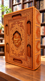 نمای زاویه‌دار جلد چرم و کنارهٔ قاب کلیات شمس تبریزی پیام عدالت؛ Rumi Divan-e Shams, leather cover and sliding-case edge