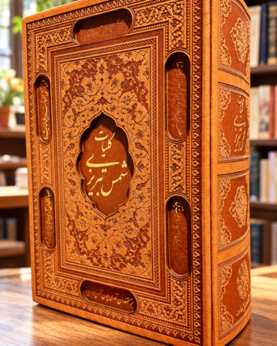 نمای زاویه‌دار جلد چرم و کنارهٔ قاب کلیات شمس تبریزی پیام عدالت؛ Rumi Divan-e Shams, leather cover and sliding-case edge