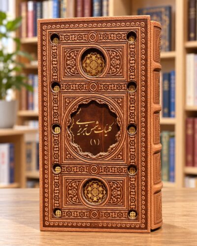 جلد قهوه‌ای نقش‌برجستهٔ کلیات شمس تبریزی مولانا، نمای روبه‌رو در کتاب‌فروشی