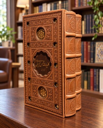 Rumi’s Divan-e Shams Persian poetry set, angled view showing both ornate brown volumes in a bookstore