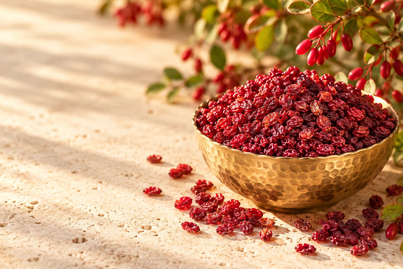 زرشک در ظرف طلایی و شاخههای زرشک / Barberries in a golden bowl with barberry branches