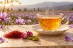 فنجان شیشه‌ای دمنوش کنار زعفران، گل محمدی و هل؛ A glass cup of infusion with saffron threads, rose buds and cardamom.