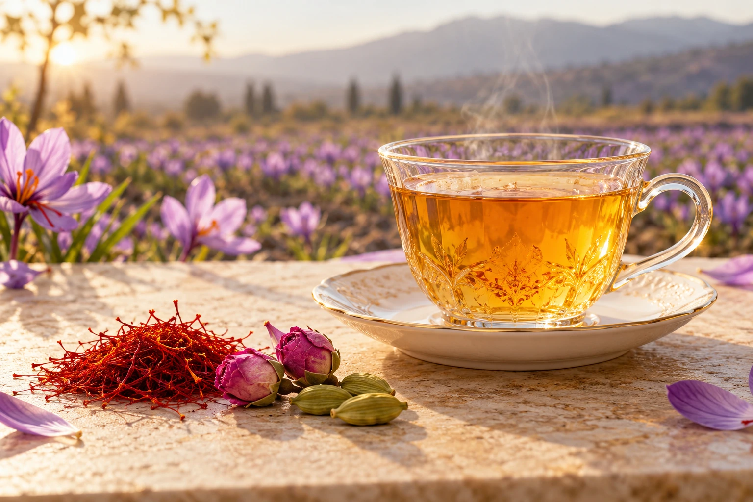 فنجان شیشهای دمنوش با گل محمدی، هل و رشتههای زعفران در کنار مزرعهٔ گل زعفران | A glass cup of infusion with rose, cardamom and saffron threads beside a saffron-flower field