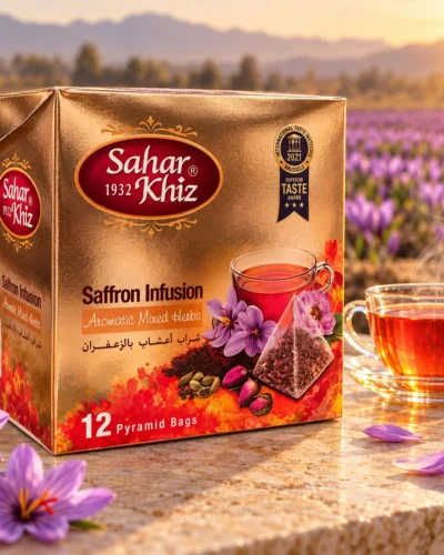 جعبهٔ طلایی دمنوش زعفرانی سحرخیز با نشان ۱۲ کیسهٔ هرمی، کنار فنجان و مزرعهٔ زعفران؛ Saharkhiz gold box of 12 pyramid infusion bags beside a cup and saffron field.