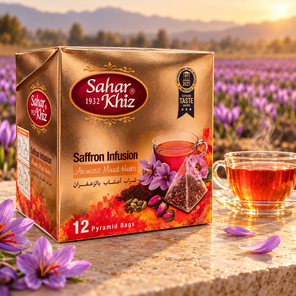 دمنوش زعفرانی سحرخیز، جعبهٔ ۱۲ عددی | Saharkhiz Saffron Infusion, 12 bags جعبهٔ طلایی دمنوش زعفرانی سحرخیز با نشان ۱۲ کیسهٔ هرمی، کنار فنجان و مزرعهٔ زعفران؛ Saharkhiz gold box of 12 pyramid infusion bags beside a cup and saffron field.