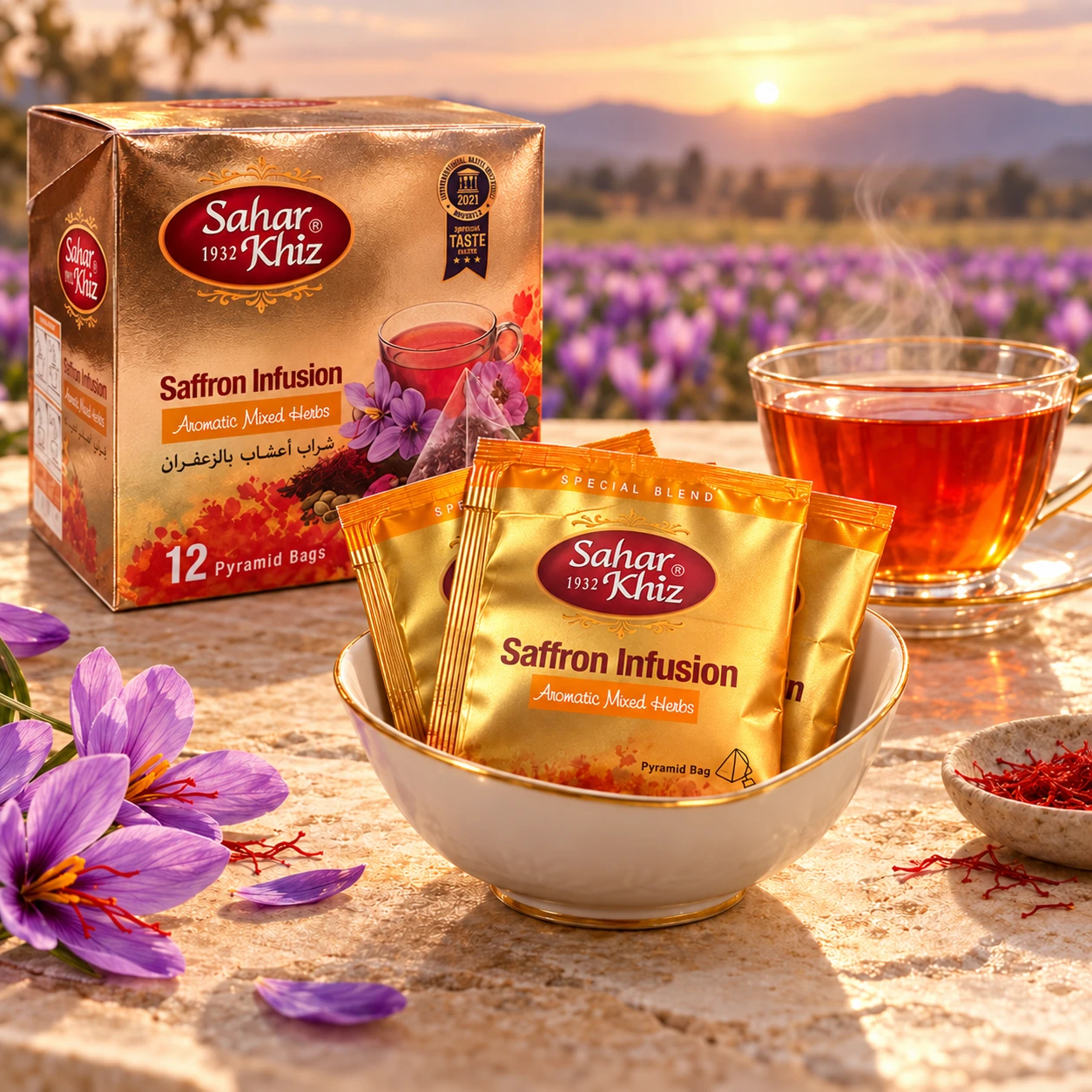 بستههای طلایی سحرخیز در ظرف کنار جعبهٔ ۱۲ عددی و فنجان دمنوش | Gold Saharkhiz sachets in a bowl beside the 12-bag box and a cup of infusion
